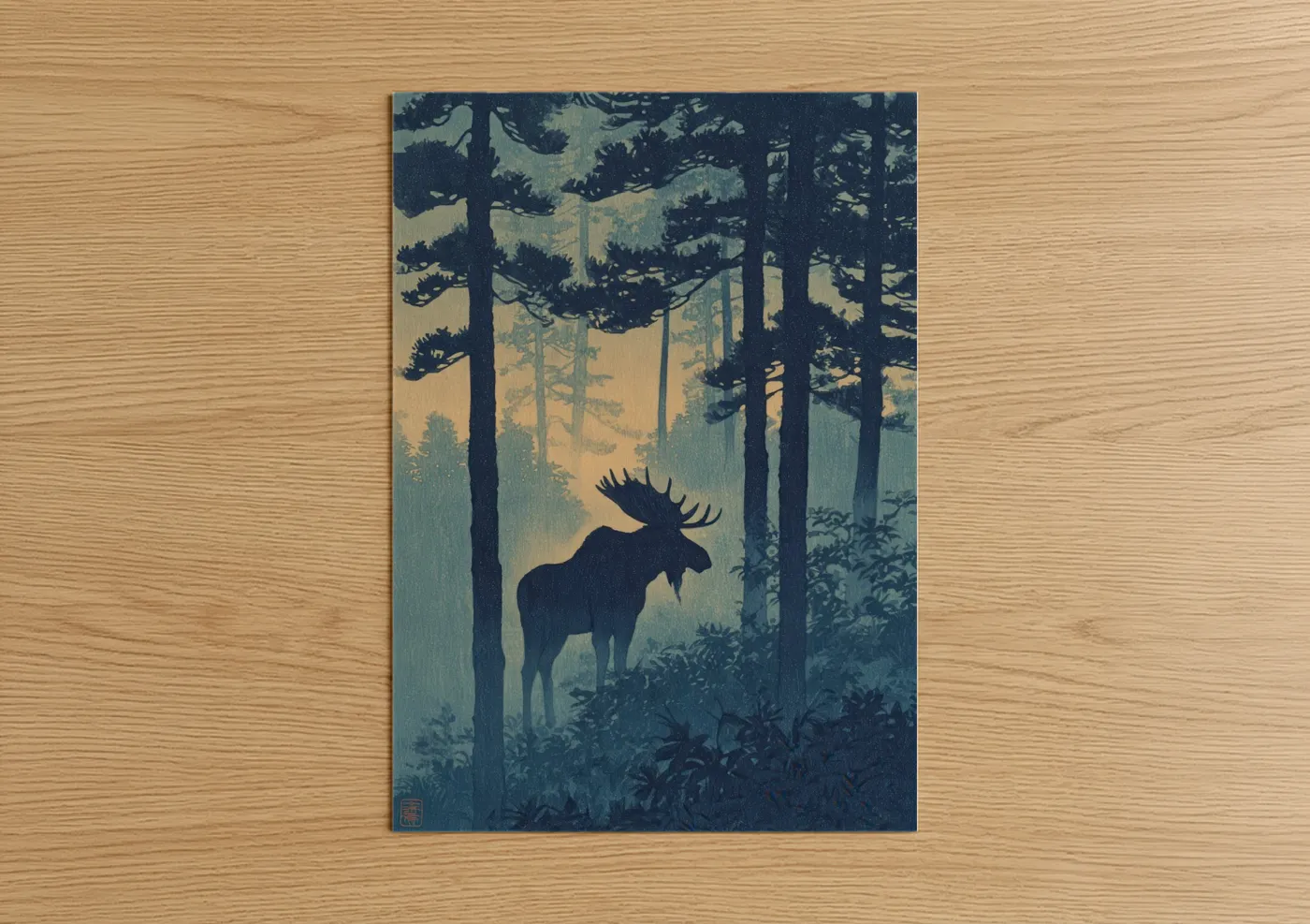 Art print on warm oak wood — blue and gold palette — Misty Forest Moose poster
