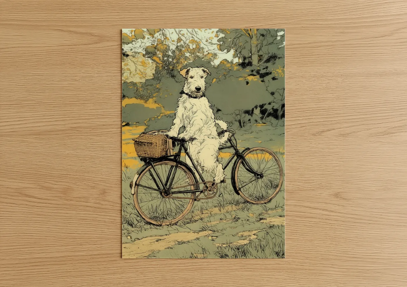 Vintage Terrier on Bicycle Illustration Wall Art