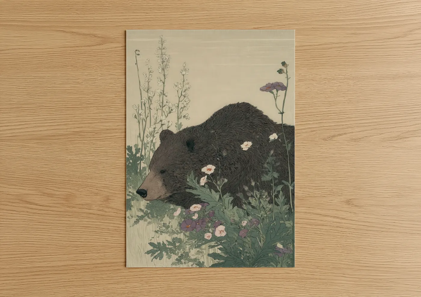 Grizzly bear art print on warm oak wood — cream and sage green palette — Garden Grizzly poster