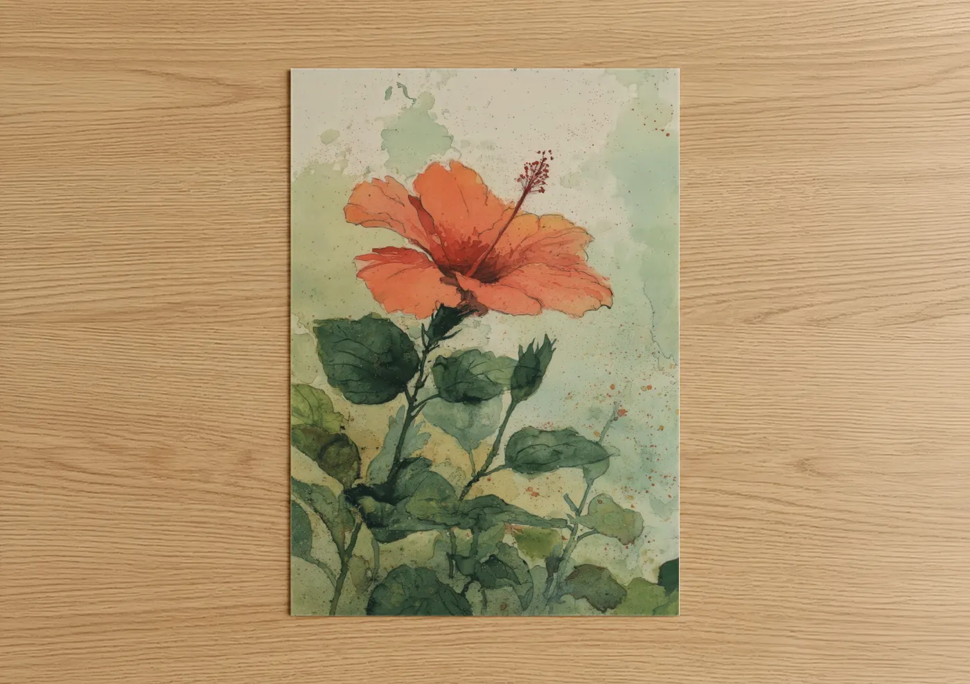 Art print on warm oak wood — orange and green palette — Coral Hibiscus Bloom poster