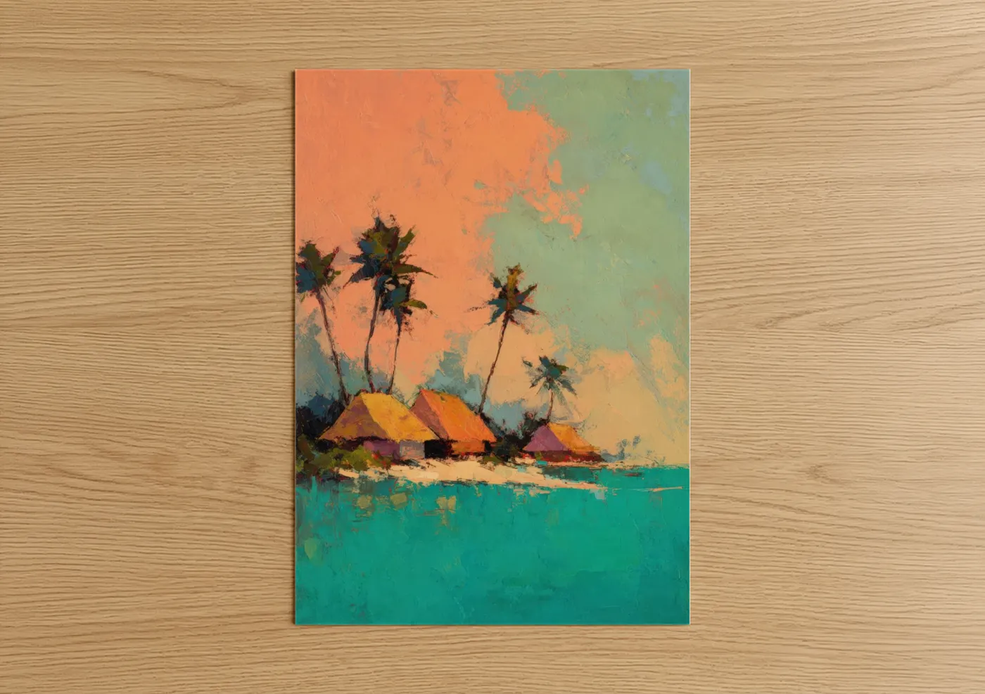 Art print on warm oak wood — orange and teal palette — Tropical Village Sunset poster