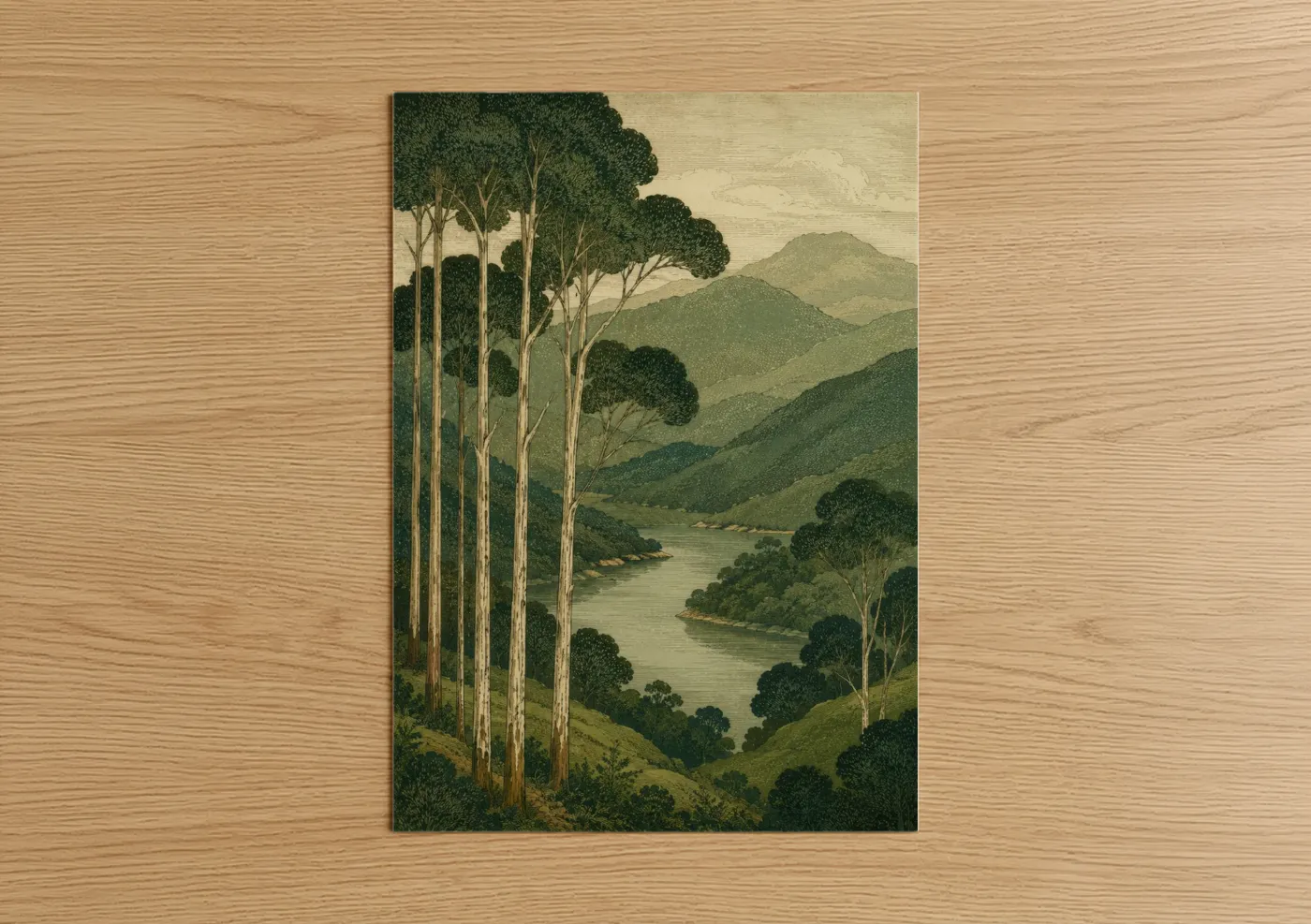 Art print on warm oak wood — olive and beige palette — Eucalyptus Forest River Valley Wall Art poster