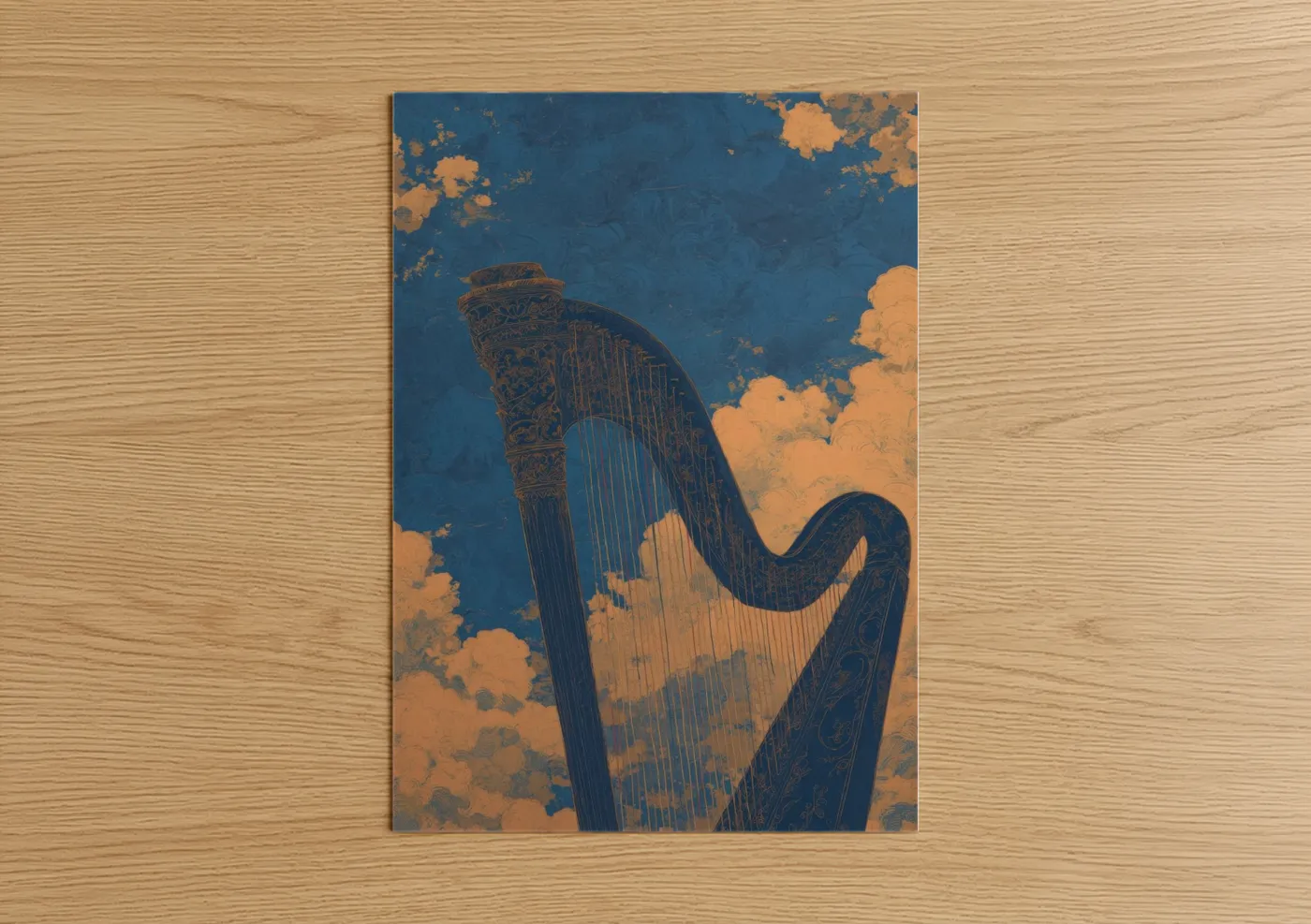 Celestial Harp Gold Blue Musical Wall Art
