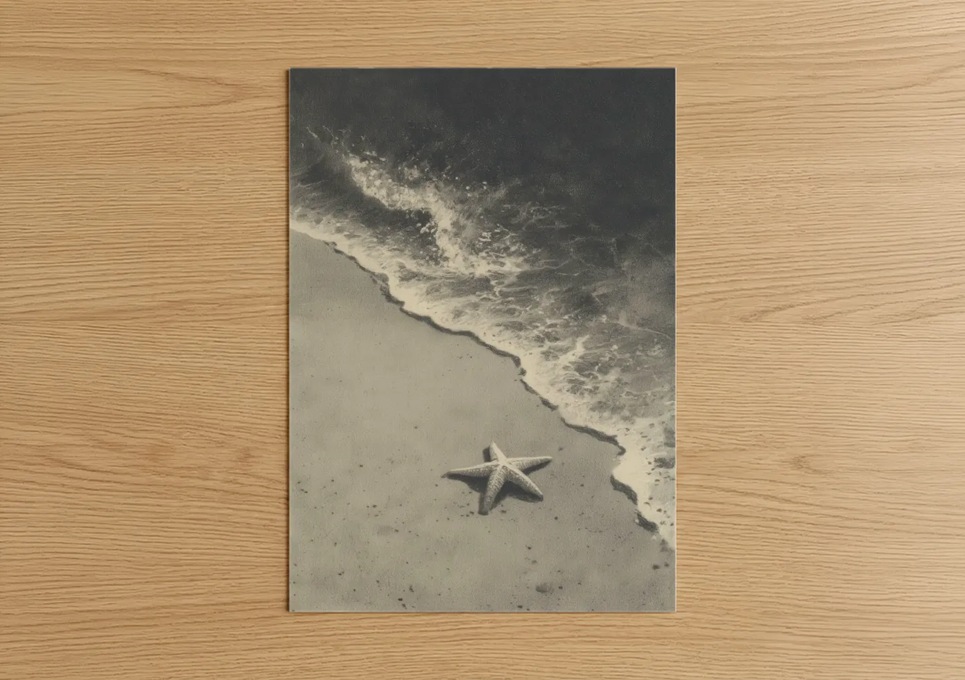 Art print on warm oak wood — cream and gray palette — Sandy Starfish poster