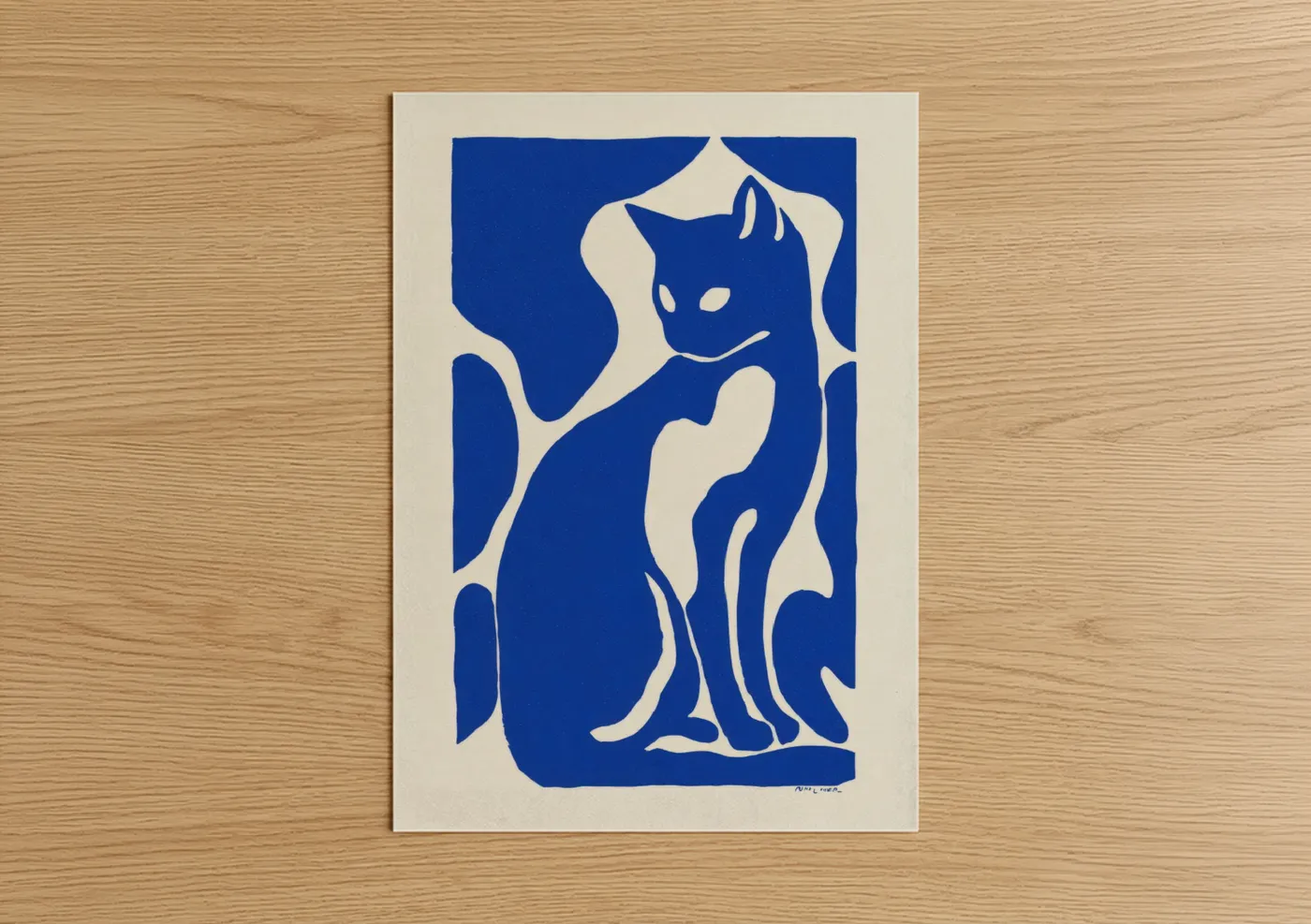 Blue Modernist Cat Art Print Wall Art
