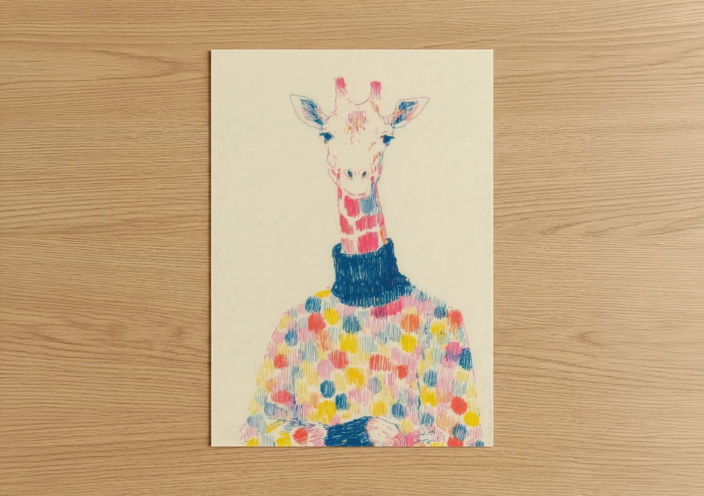 Fashion illustration art print on warm oak wood — pink and blue and yellow palette — Colorful Giraffe Portrait poster