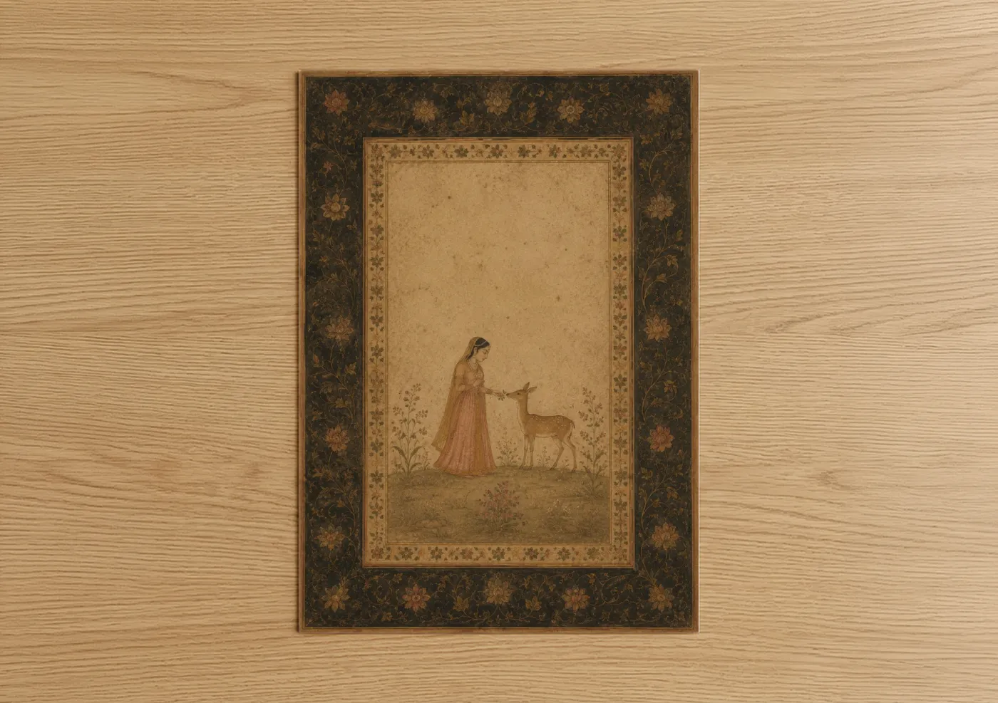 Art print on warm oak wood — beige and brown palette — Persian Miniature Woman and Deer Wall Art poster