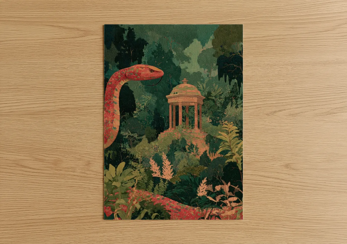Art print on warm oak wood — dark green and red palette — Crimson Cobra Garden poster
