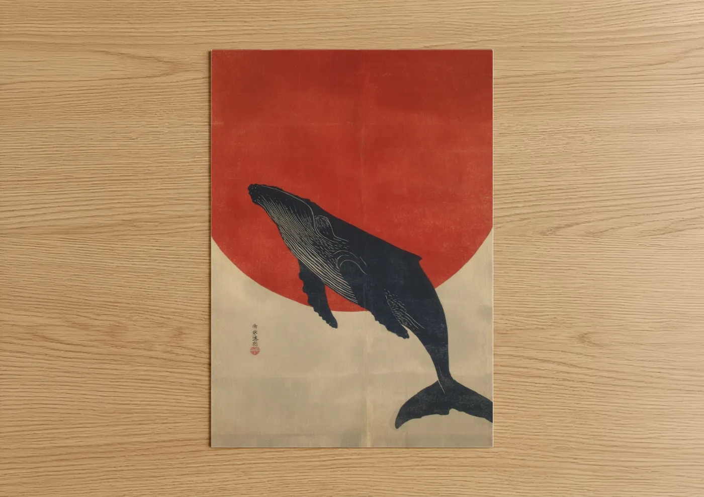 Humpback whale art print on warm oak wood — red and black and white palette — Rising Sun Whale poster