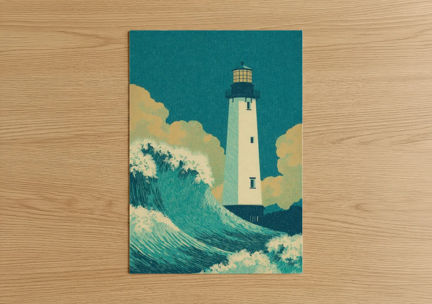 Art print on warm oak wood — teal and cream palette — Coastal Lighthouse Waves poster