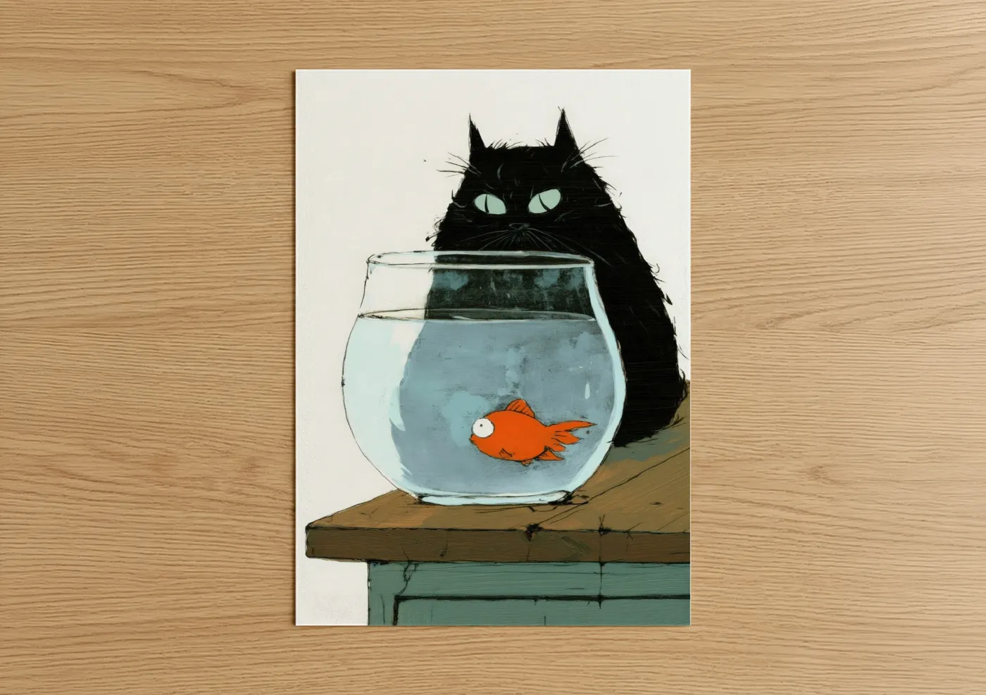 Black Cat Watching Goldfish Bowl Wall Art