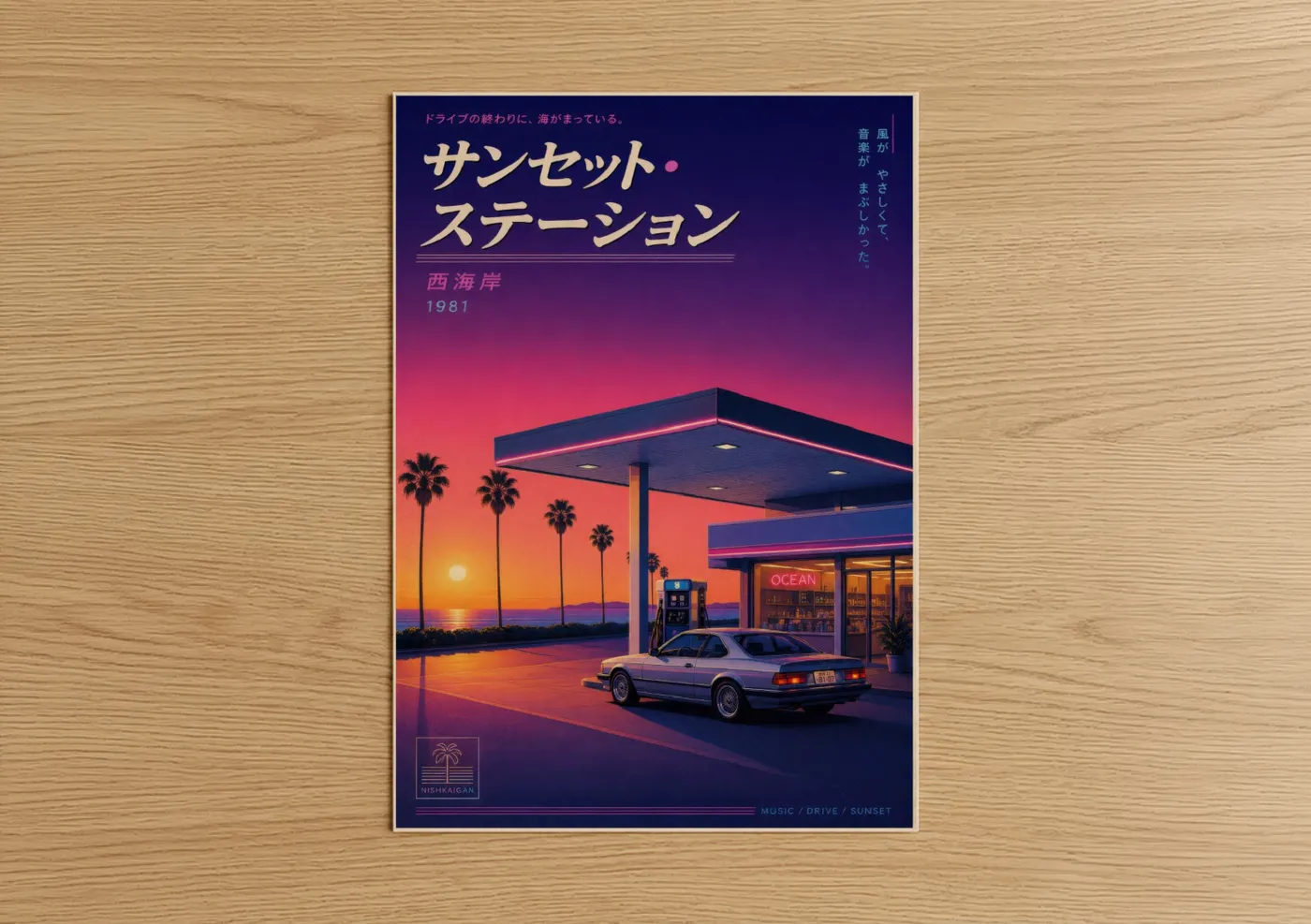 Art print on warm oak wood — pink and purple palette — Retro Japanese Sunset Gas Station Wall Art poster