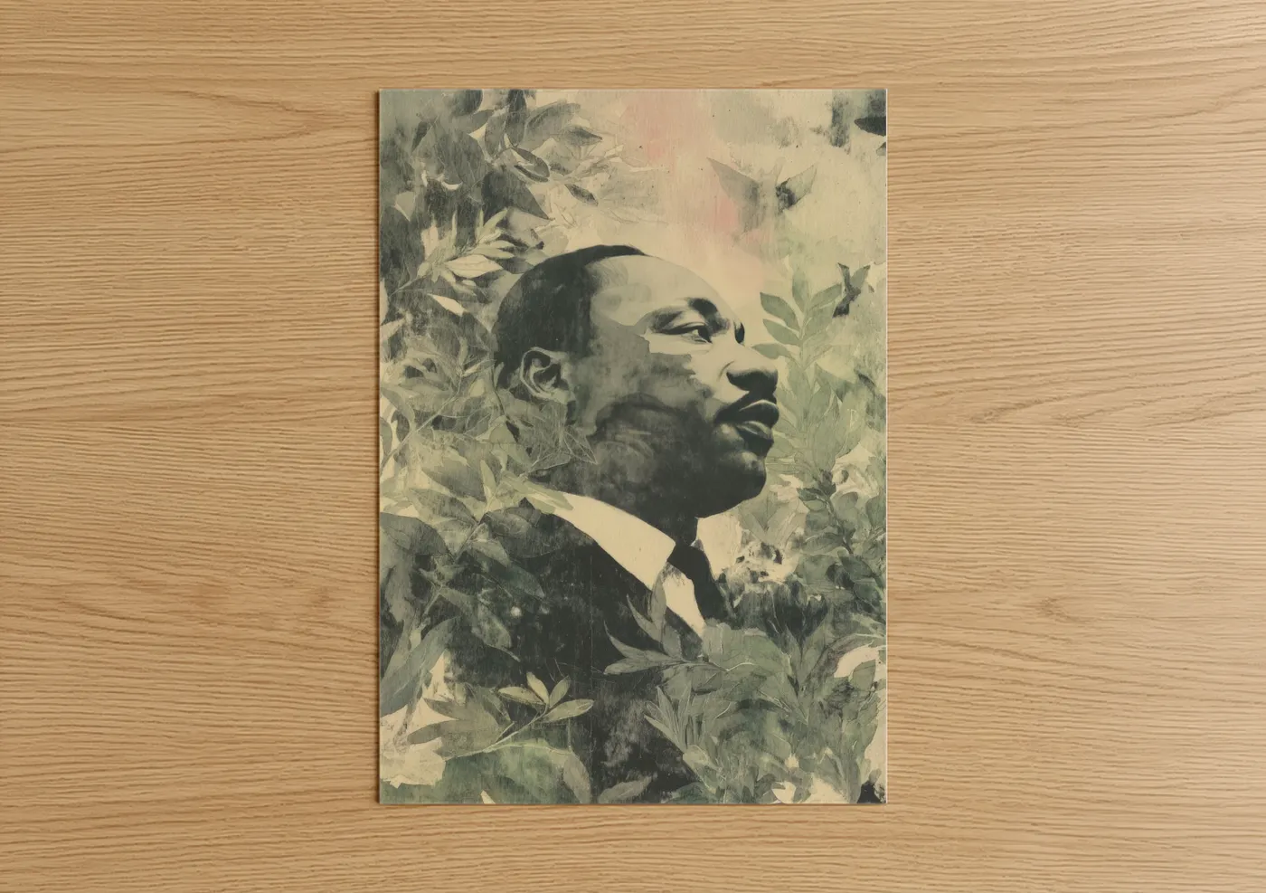 Martin luther king jr day art print on warm oak wood — black and white and sage green palette — MLK Legacy Portrait poster