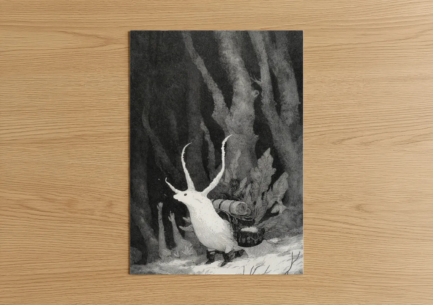 Art print on warm oak wood — black and white and gray palette — Antlered Nudibranch poster