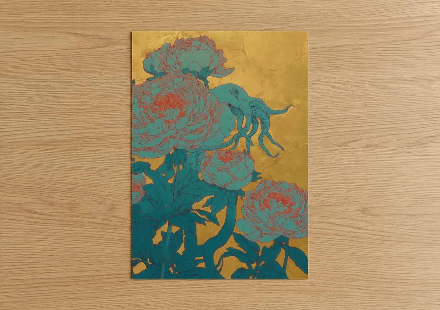 Art print on warm oak wood — gold and teal palette — Teal Squid Blooms poster