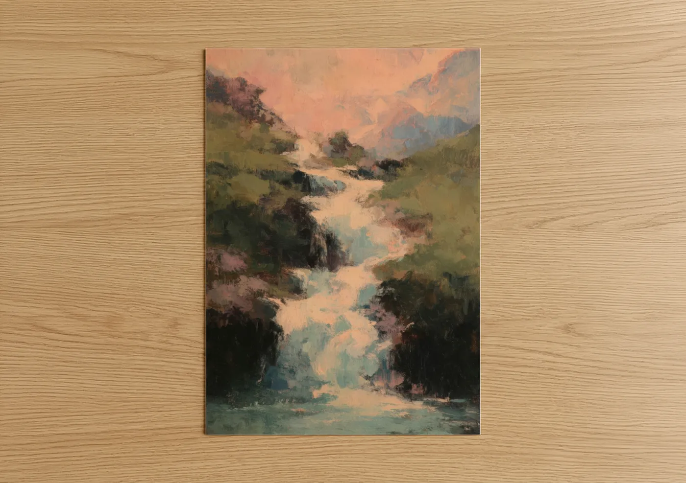 Art print on warm oak wood — peach and sage green palette — Alpine Waterfall poster