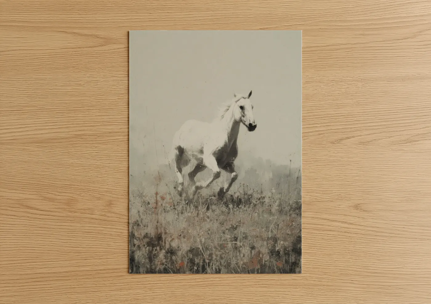 Thoroughbred horse art print on warm oak wood — gray and white and nobel palette — Misty Thoroughbred poster