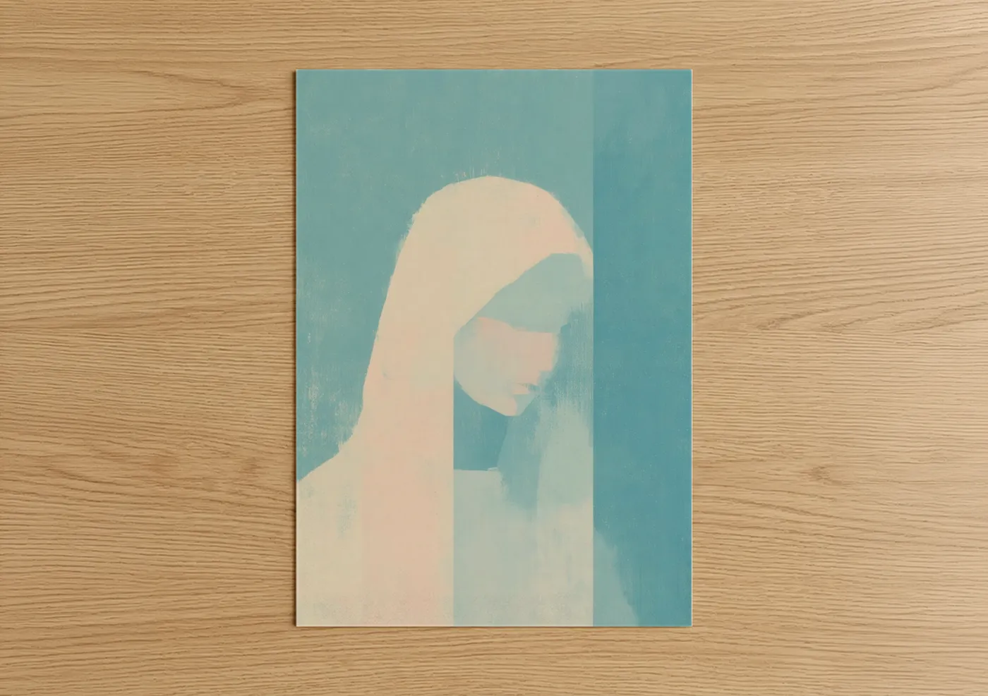 Virgin mary art print on warm oak wood — blue and white and cream palette — Serene Virgin poster