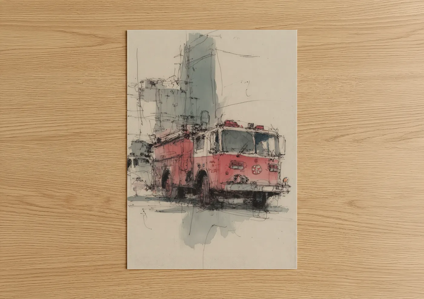 Vintage Fire Engine Sketch Illustration Wall Art