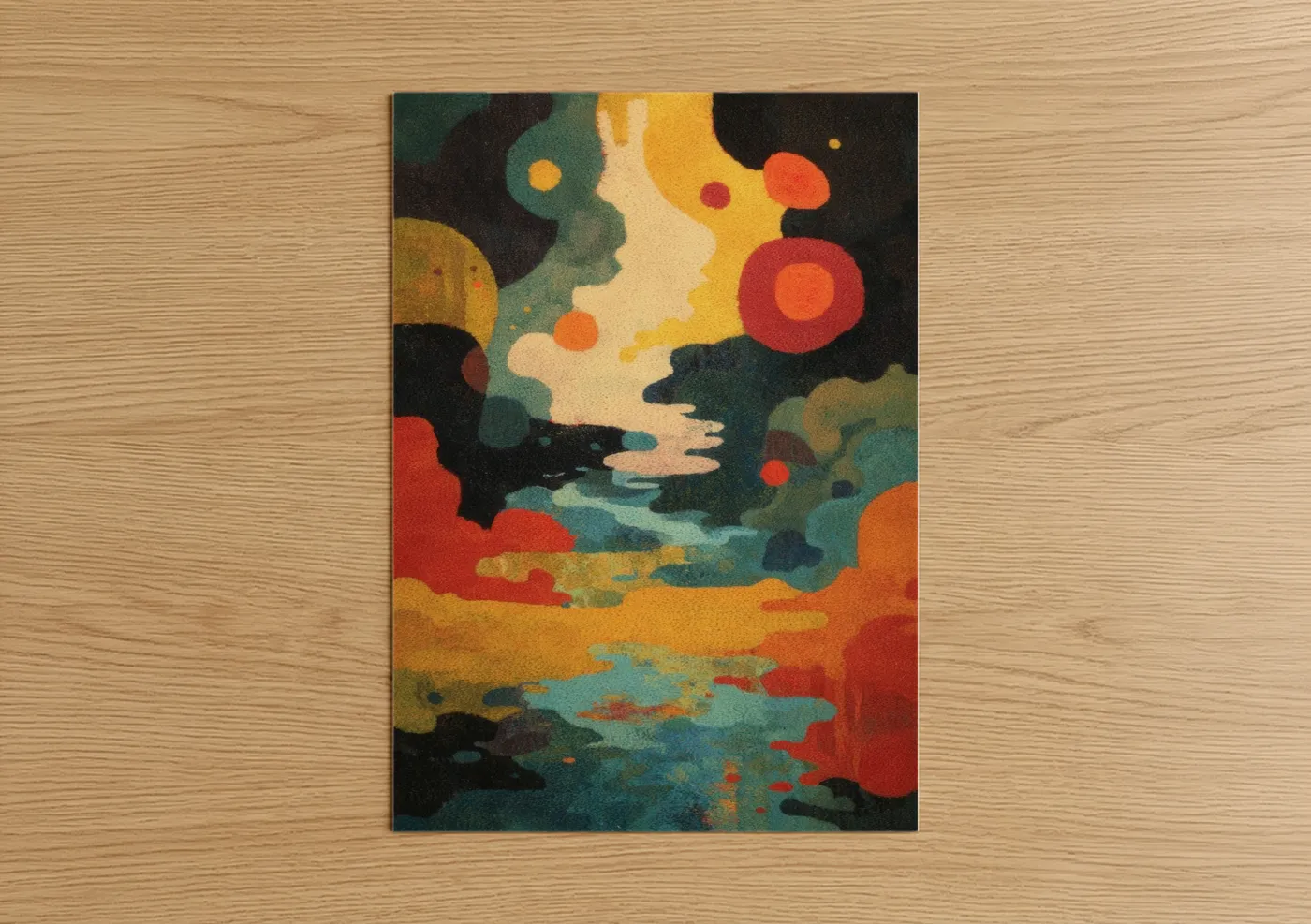 Art print on warm oak wood — gold and teal palette — Luminous Dreamscape poster