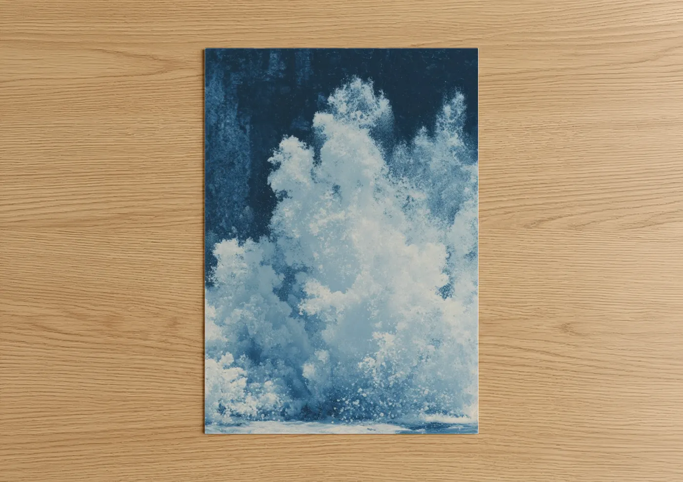 Fountains art print on warm oak wood — blue and white palette — Icy Fountain Surge poster