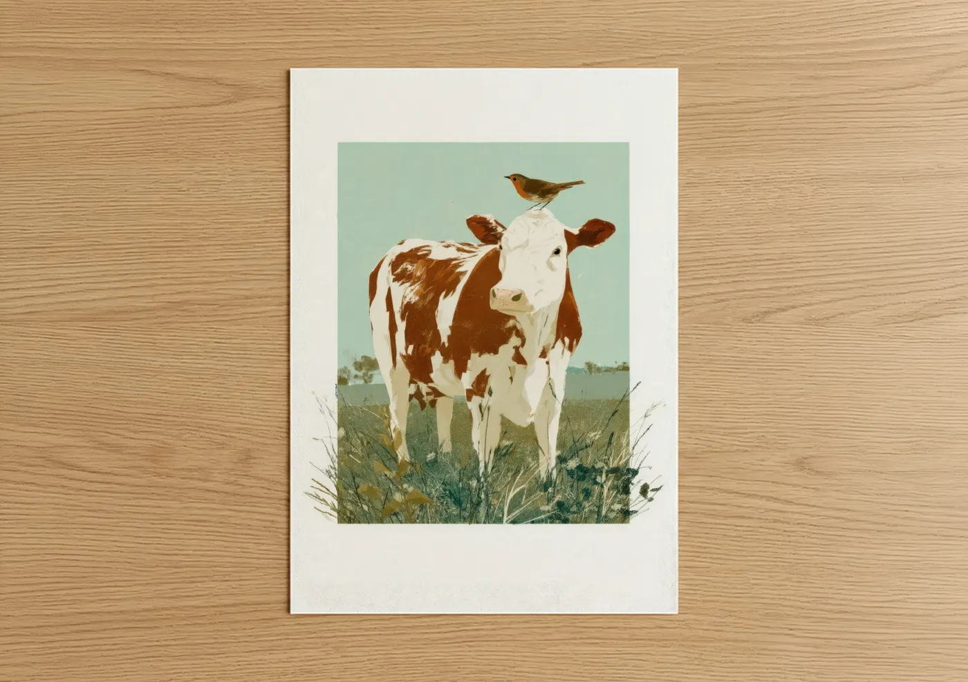 Hereford Cow Pastoral Meadow Illustration Wall Art