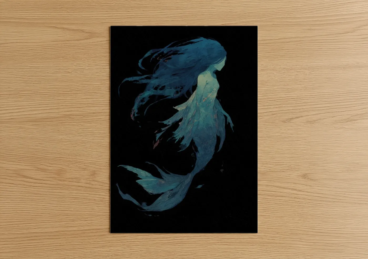 Art print on warm oak wood — dark blue and teal palette — Ethereal Mermaid poster