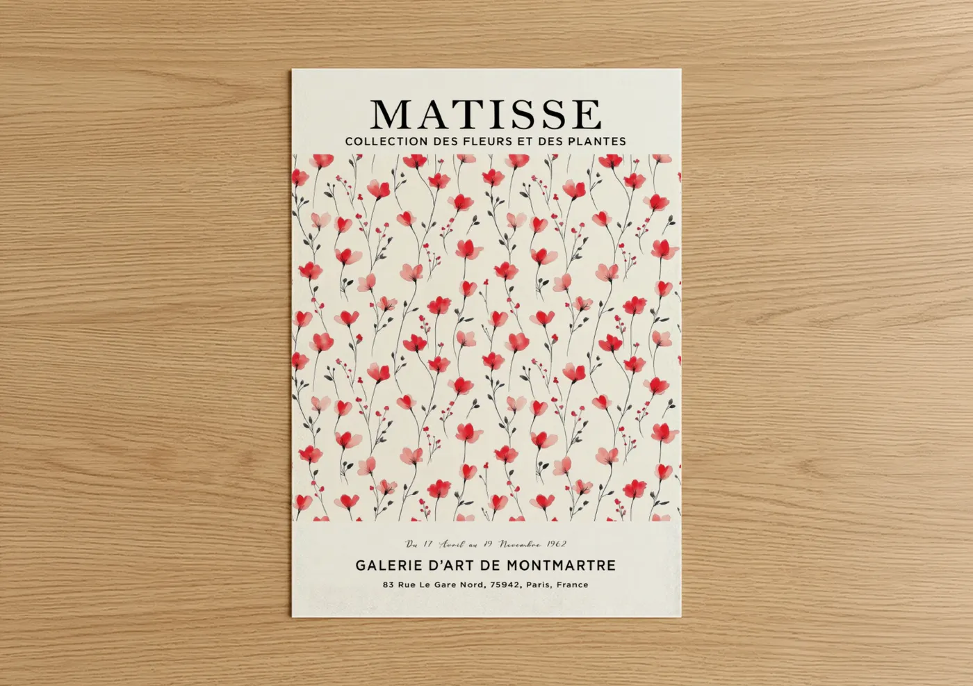 Abstract flower art print on warm oak wood — red and cream palette — Matisse Poppies poster