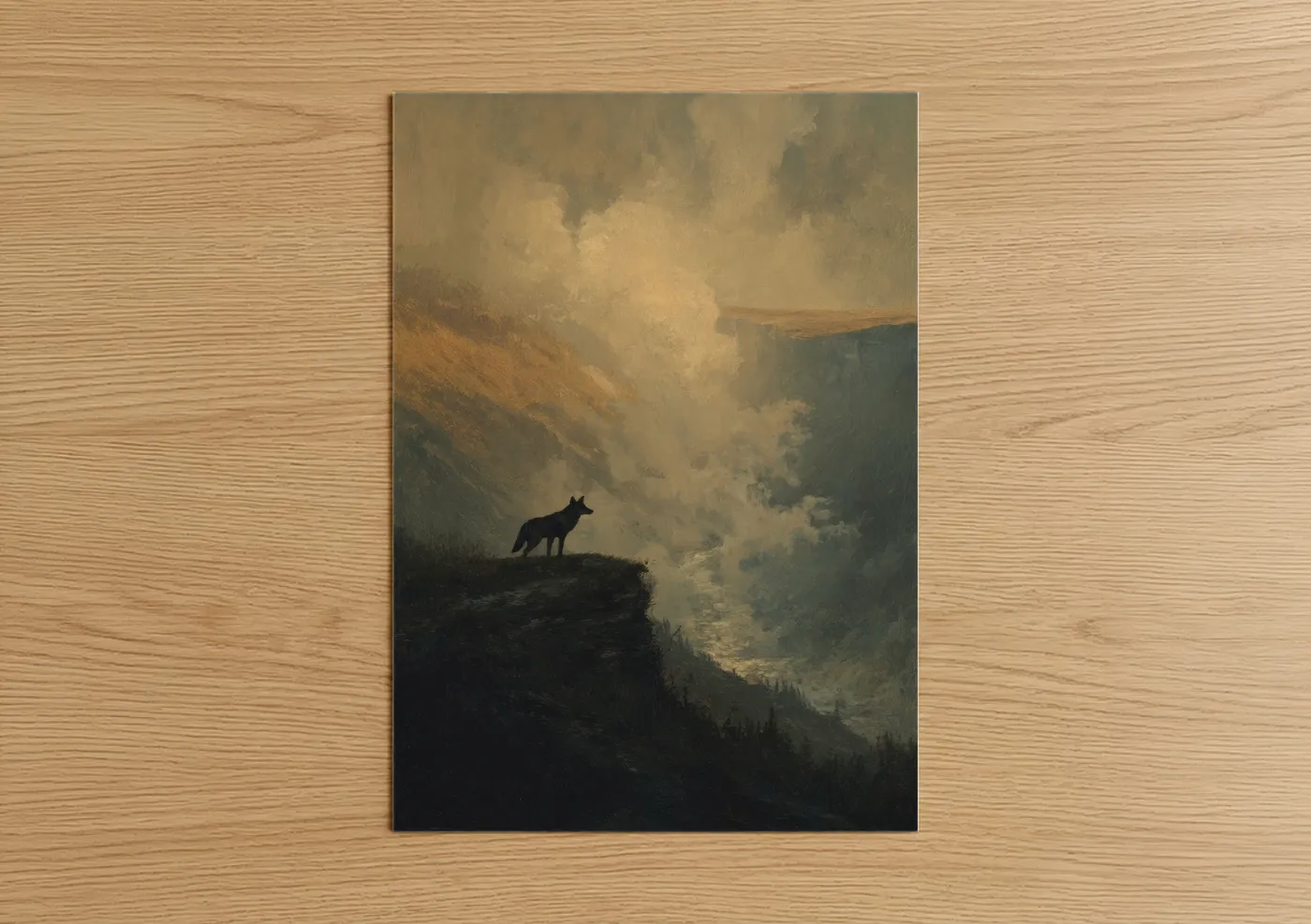 Art print on warm oak wood — gold and black palette — Solitary Coyote poster