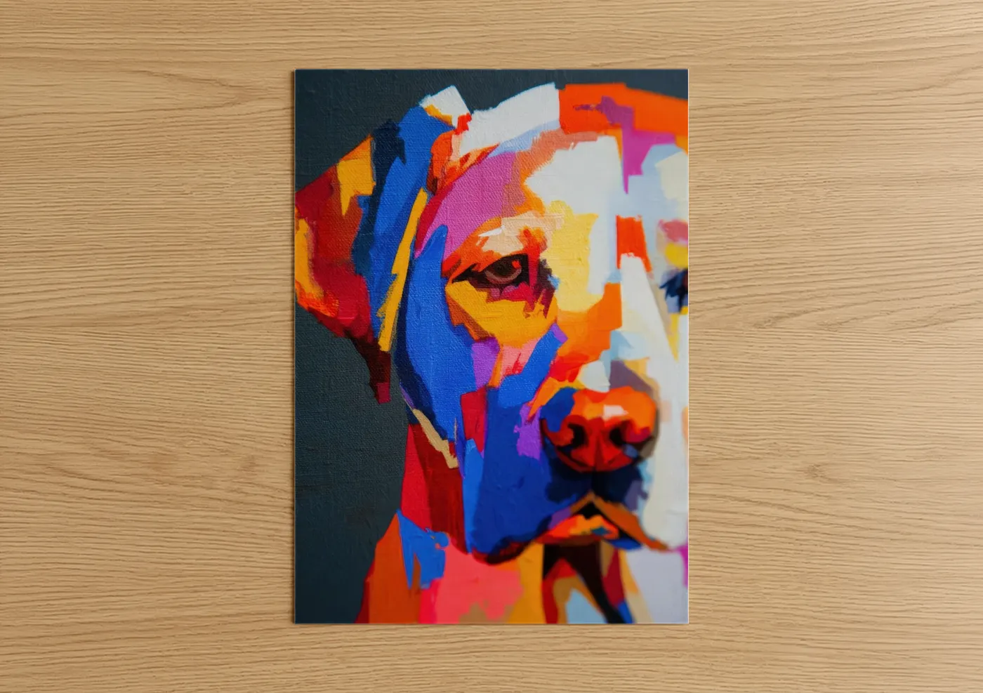 Art print on warm oak wood — blue and orange palette — Colorful Retriever poster