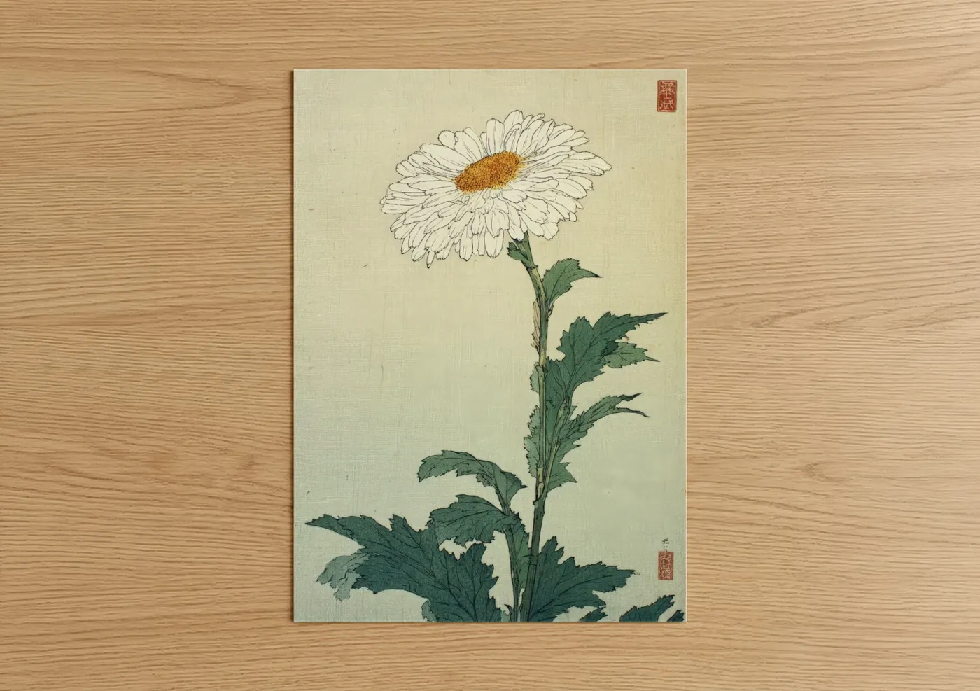 Art print on warm oak wood — cream and true green palette — White Daisy Bloom poster