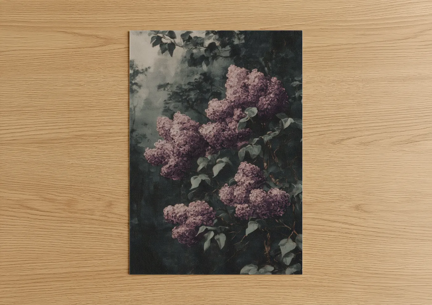 Art print on warm oak wood — pink and gray palette — Moody Lilac poster
