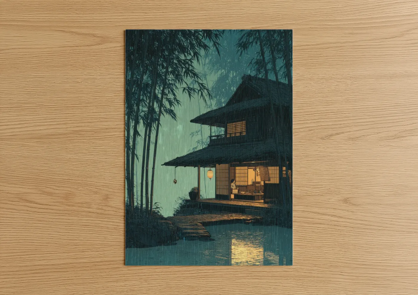 Asian Bamboo Forest House Rain Artwork Wall Art