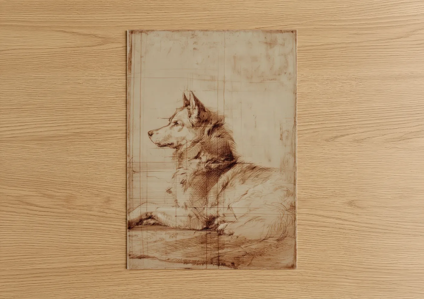 Art print on warm oak wood — beige and brown palette — Watchful Husky poster
