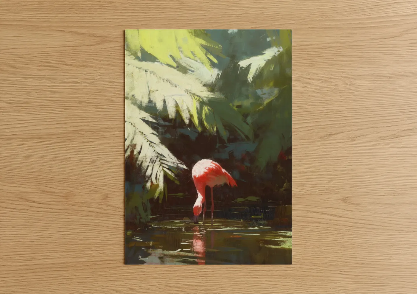 Art print on warm oak wood — red and green palette — Crimson Flamingo poster