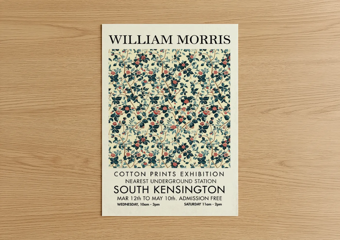 Abstract flower art print on warm oak wood — cream and dark green palette — Crimson Berries Pattern poster
