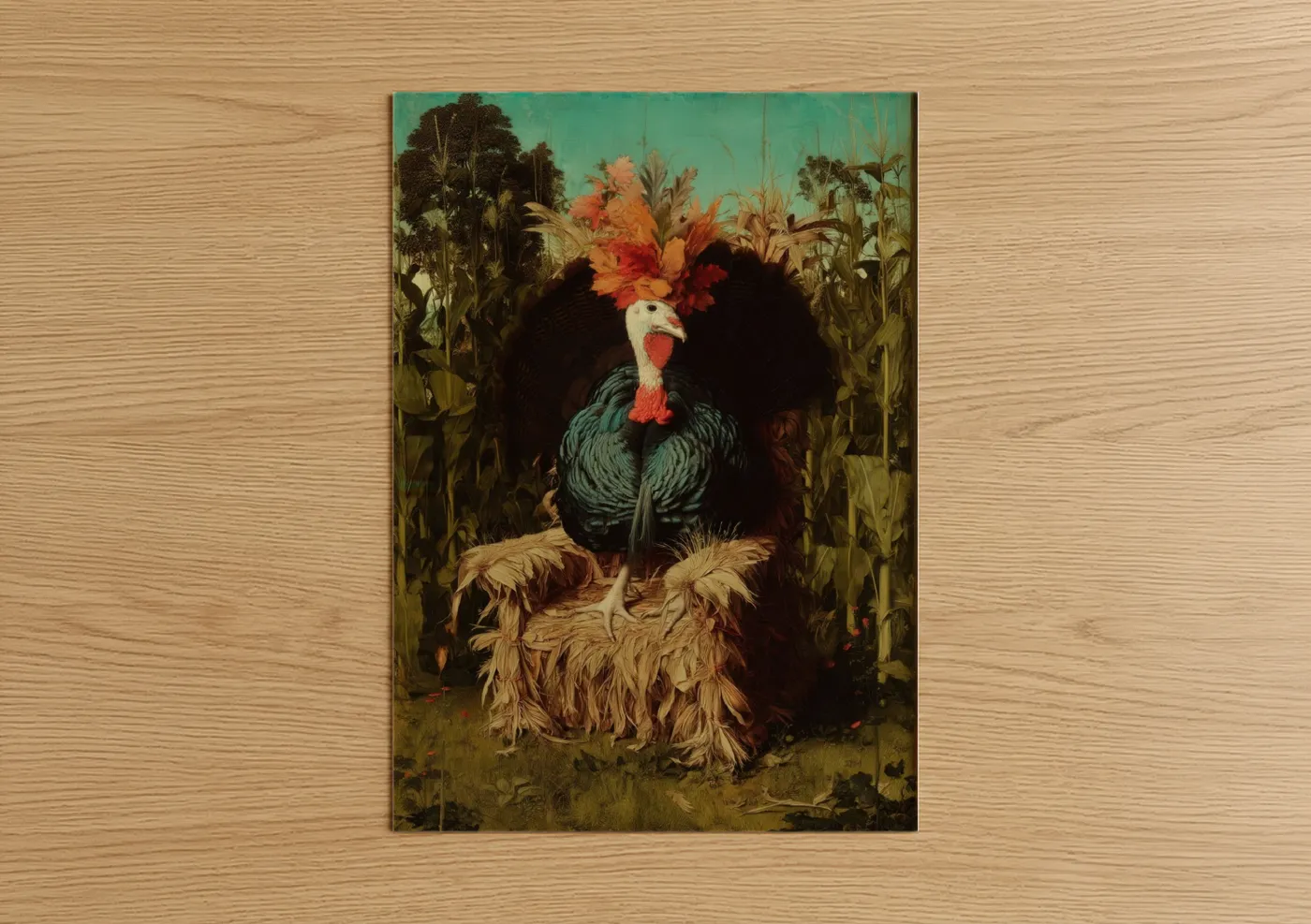 Art print on warm oak wood — teal palette — Cornfield Turkey poster