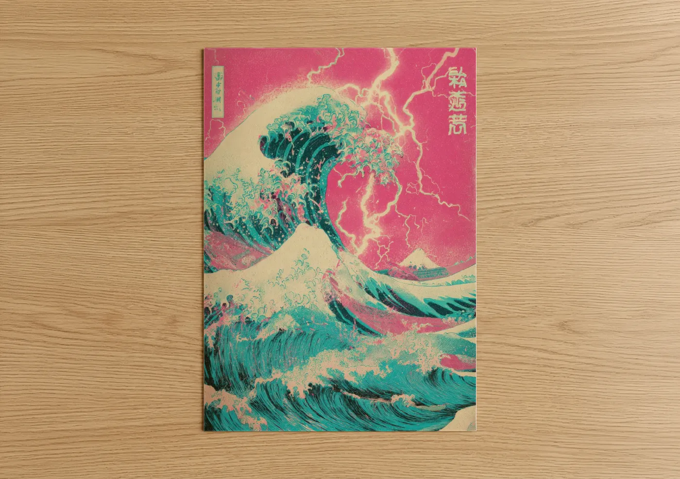 Japanese psychedelic art print on warm oak wood — magenta and turquoise palette — Psychedelic Wave poster