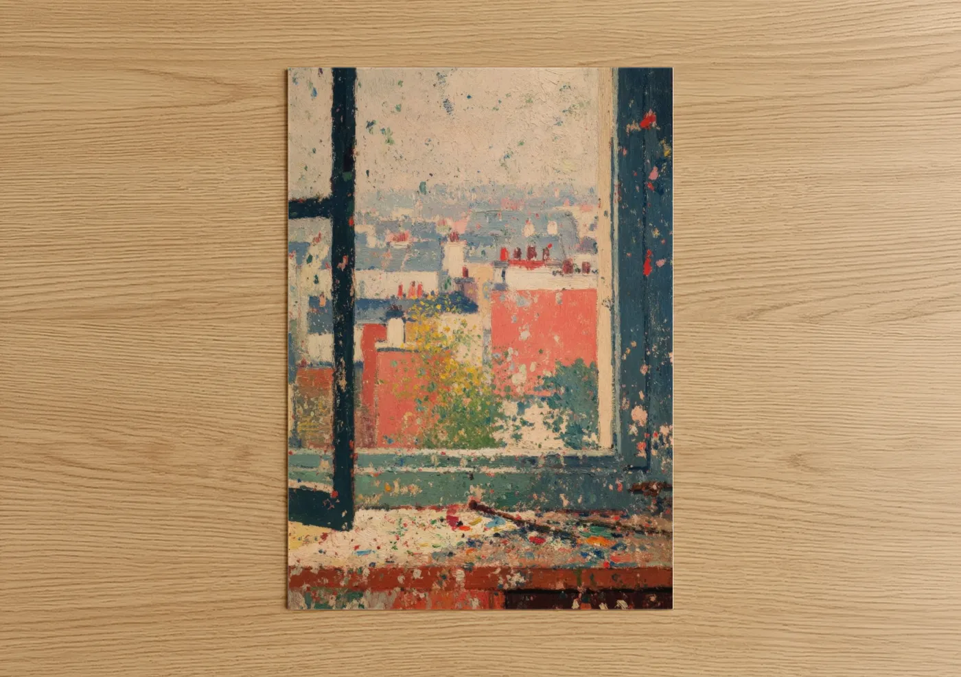 Art print on warm oak wood — cream palette — Weathered Window View poster