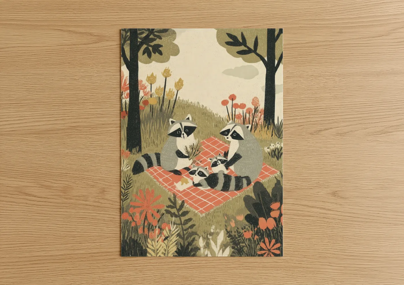 Woodland Raccoons Picnic Illustration Wall Art