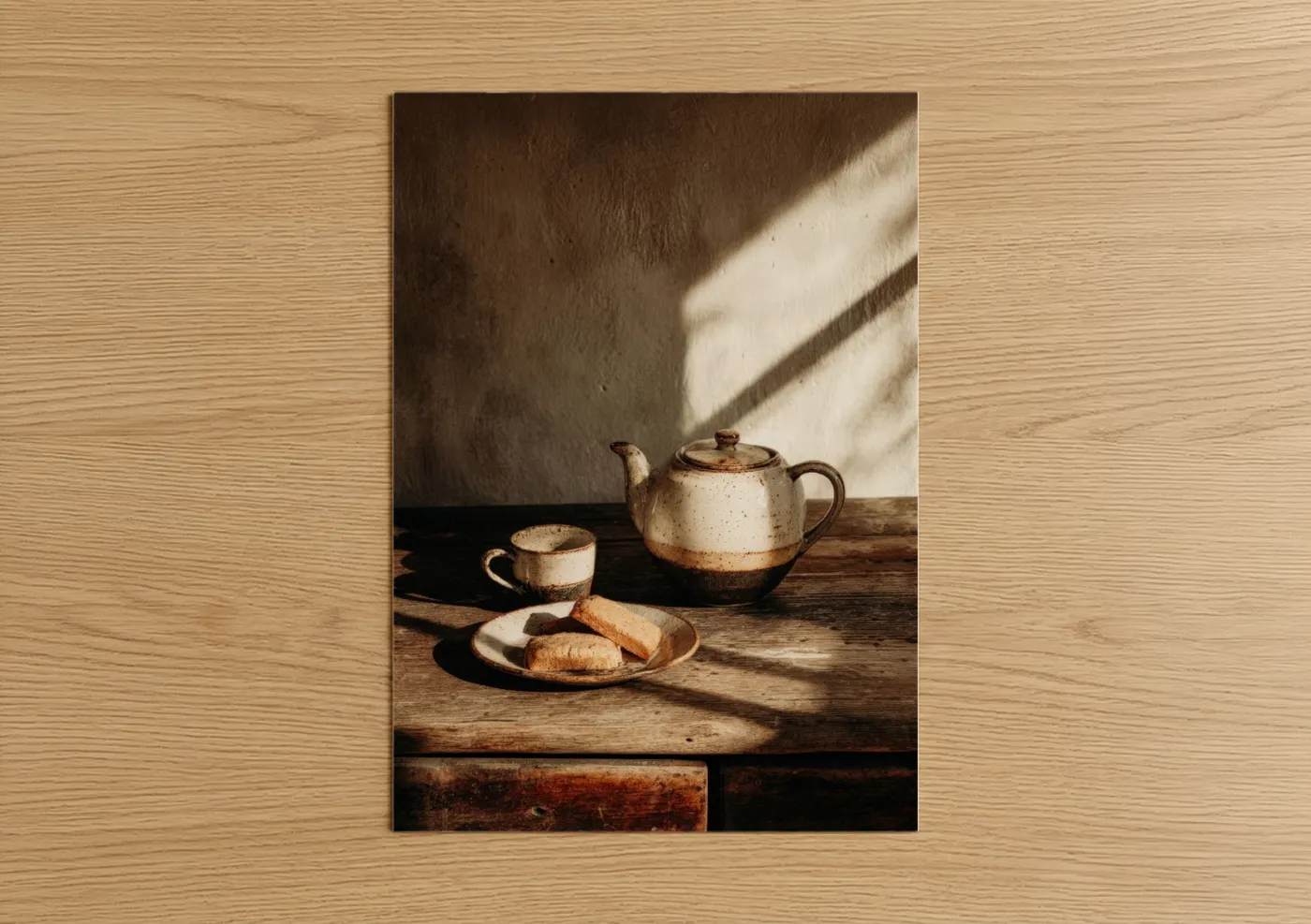 Art print on warm oak wood — brown and cream palette — Afternoon Tea Light poster