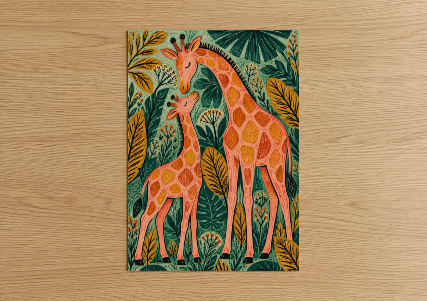 Art print on warm oak wood — orange and teal palette — Tropical Giraffe Pair Wall Art poster