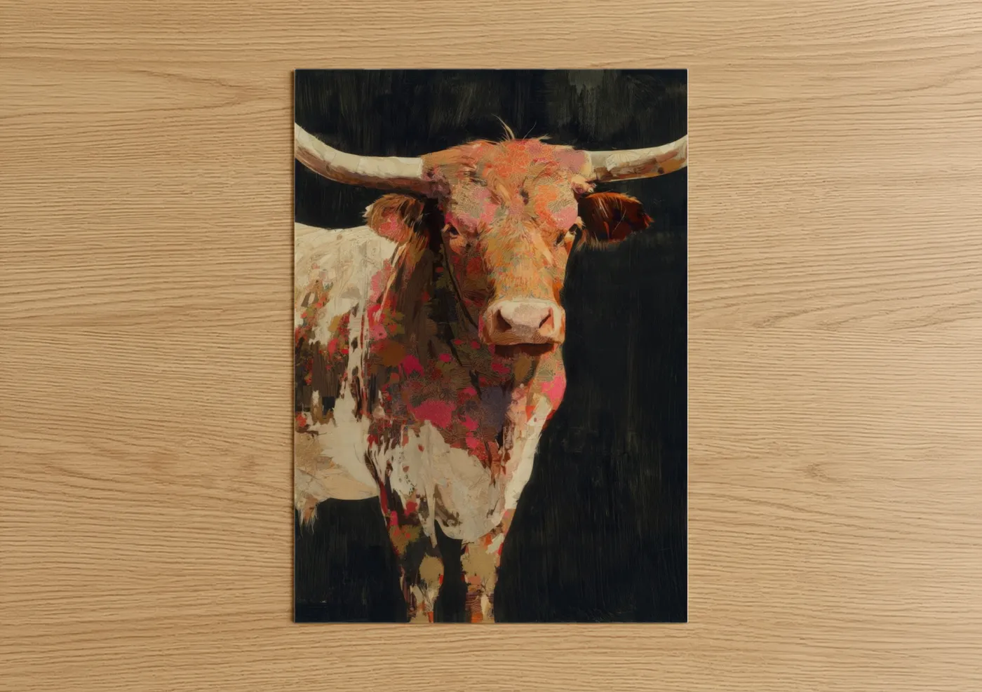 Longhorn cow art print on warm oak wood — red and gold palette — Painted Longhorn poster