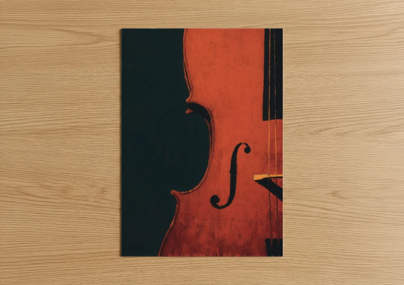 Art print on warm oak wood — red and black and blue palette — Crimson Cello poster