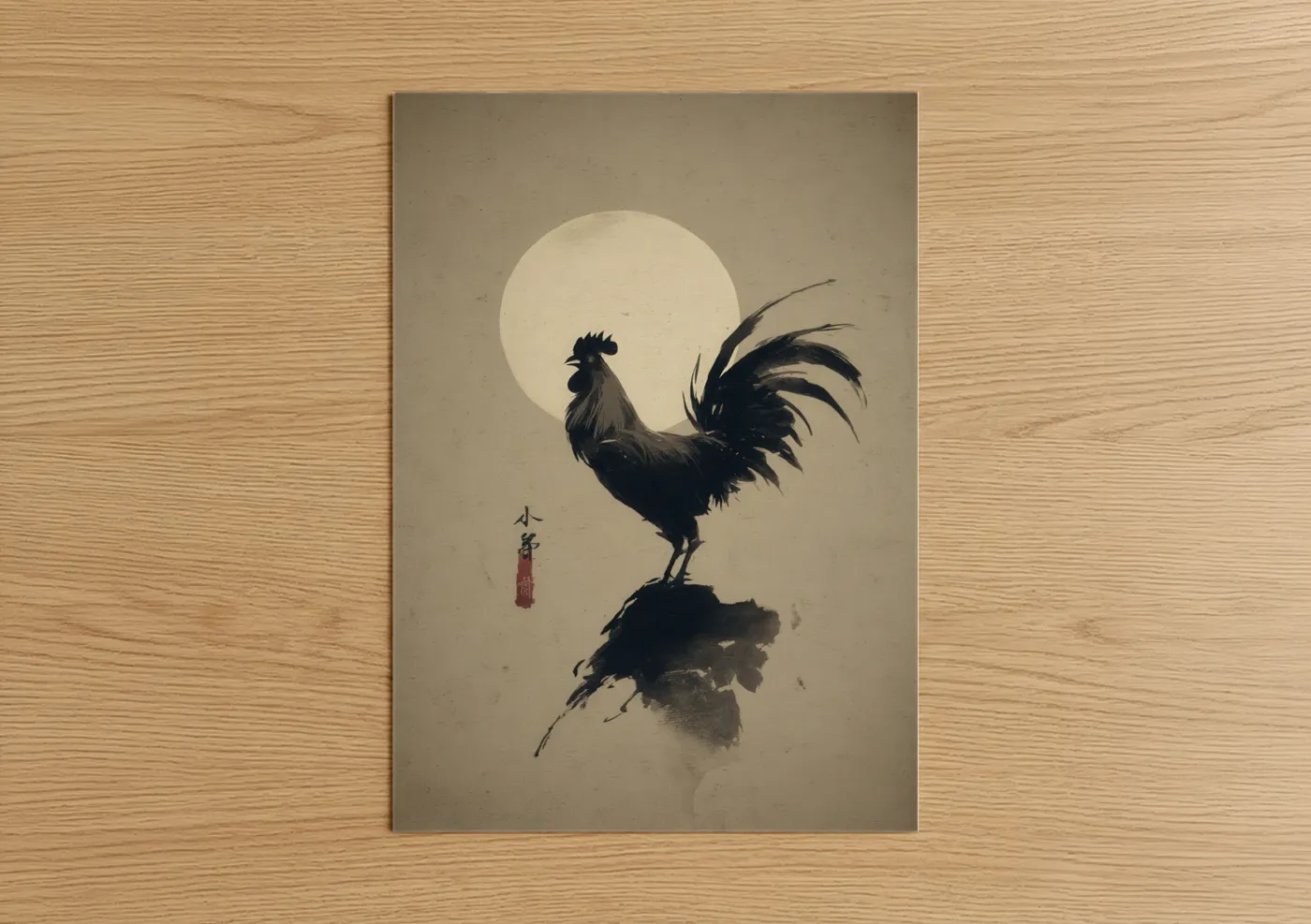 Moonlit Rooster Japanese Art Print Wall Art