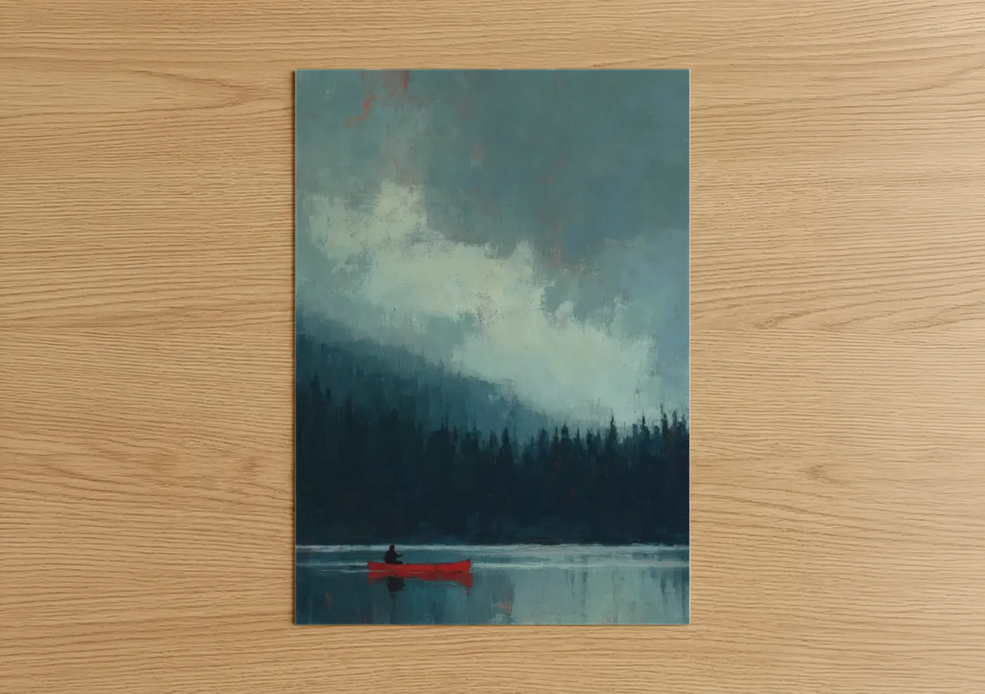 Canoeing and kayaking art print on warm oak wood — teal and cream palette — Solitary Red Canoe poster