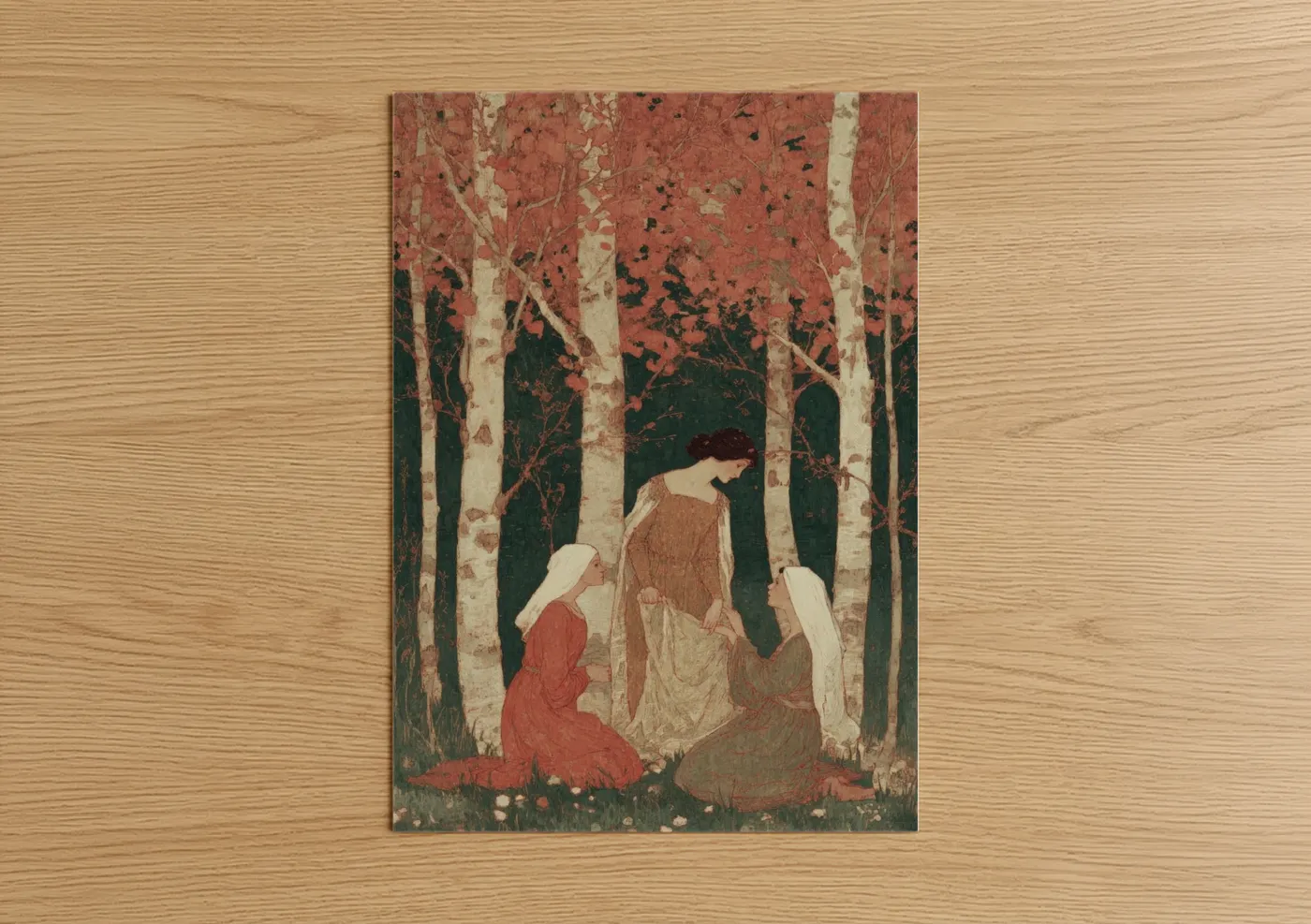 Wiccan art print on warm oak wood — russet and sage green palette — Forest Ritual poster