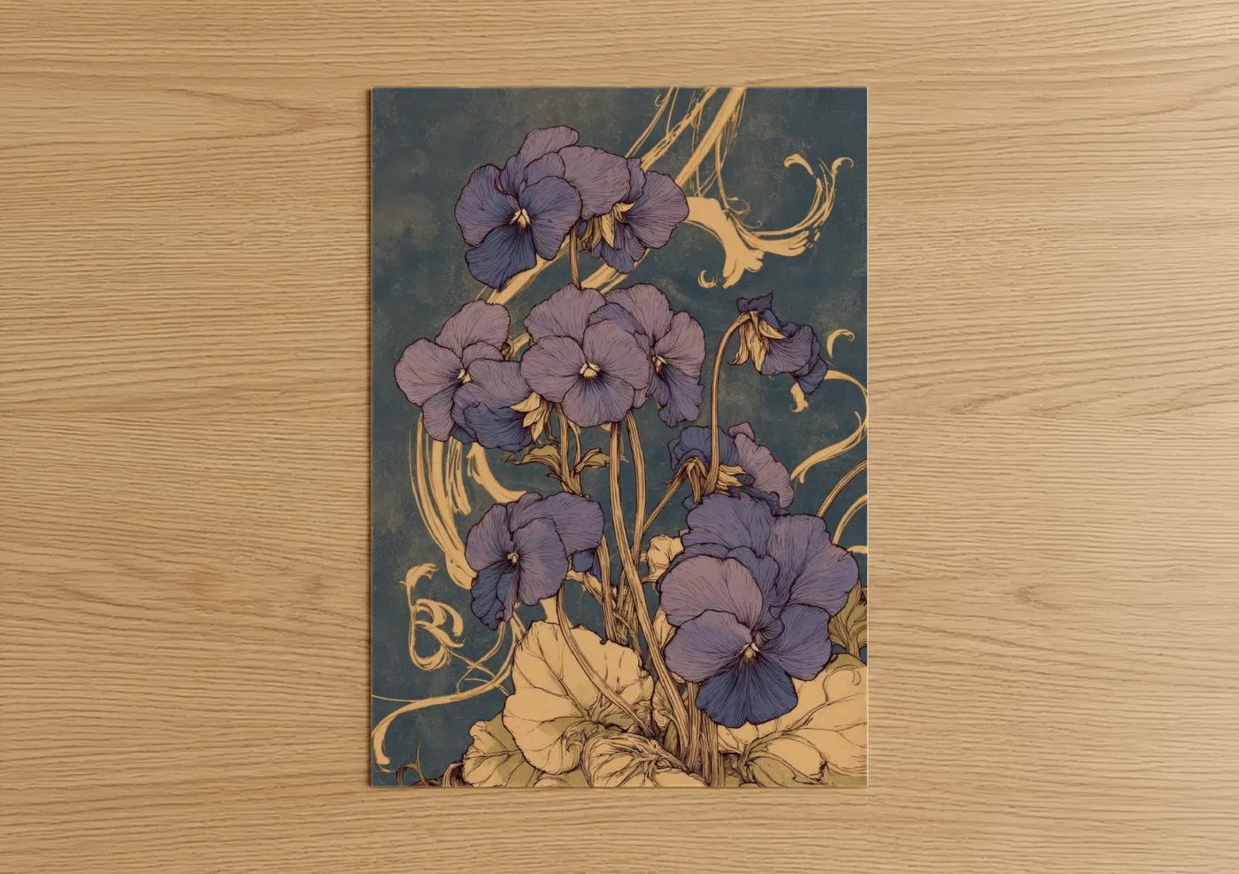 Art print on warm oak wood — purple and gold palette — Purple Violets Study poster