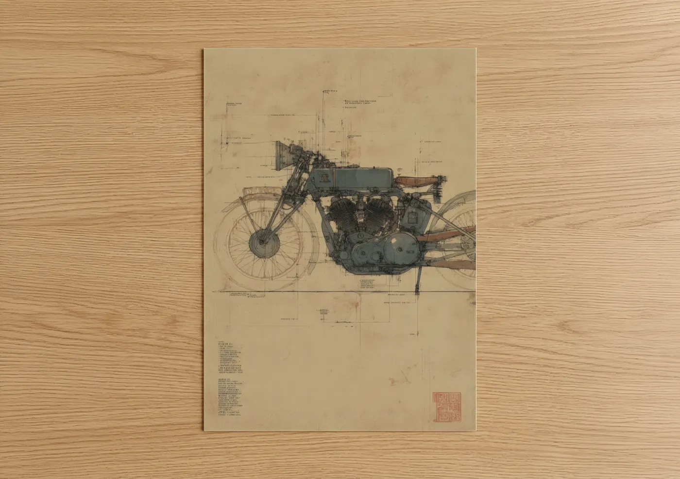 Vintage Motorcycle Blueprint Technical Drawing Wall Art