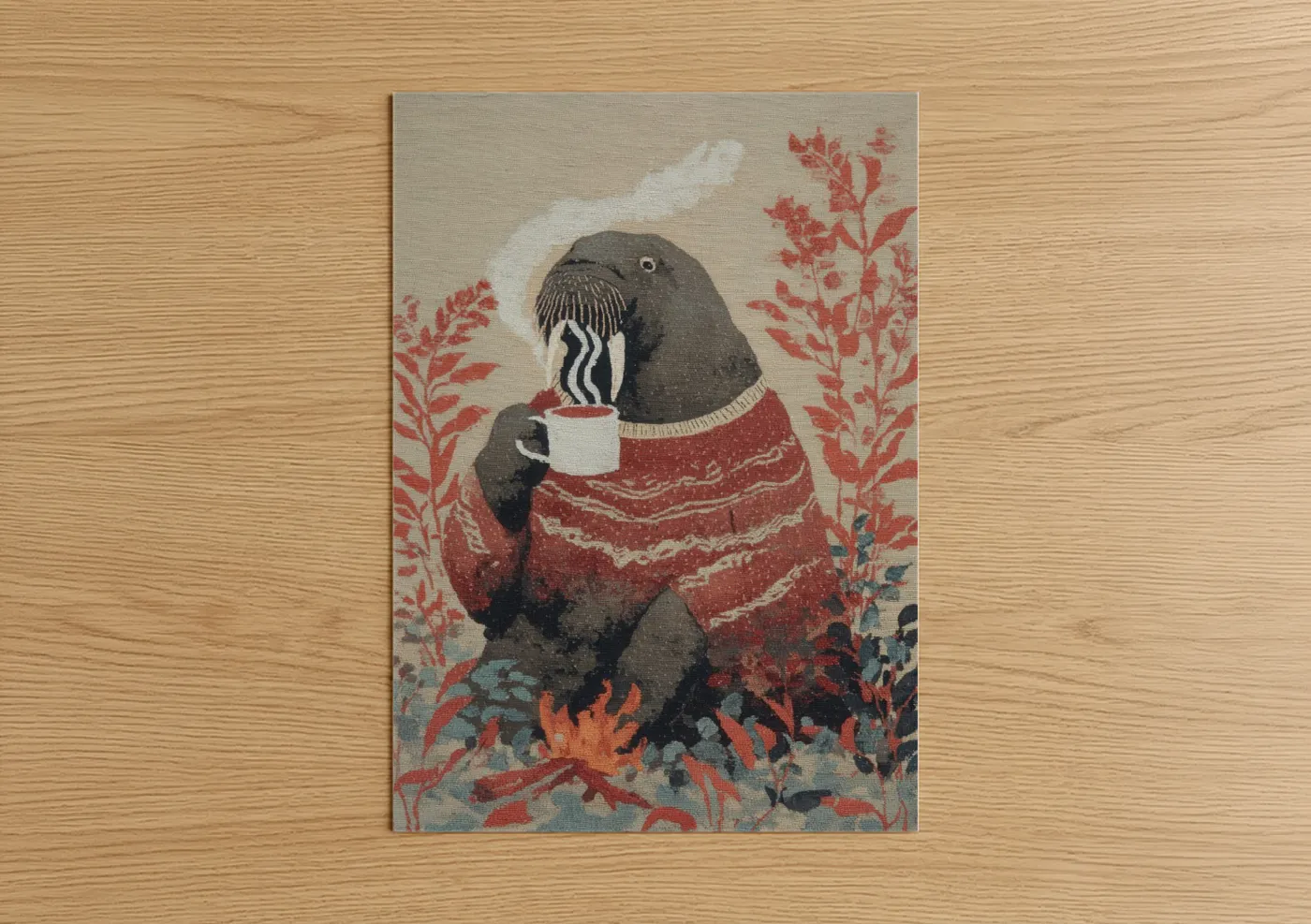 Art print on warm oak wood — red and beige palette — Cozy Walrus poster